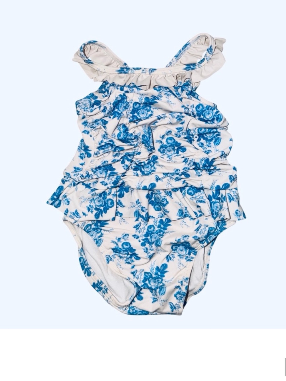 Janie and Jack Blue Rose Toile Ruffle One-Piece Swimsuit - 18-24M